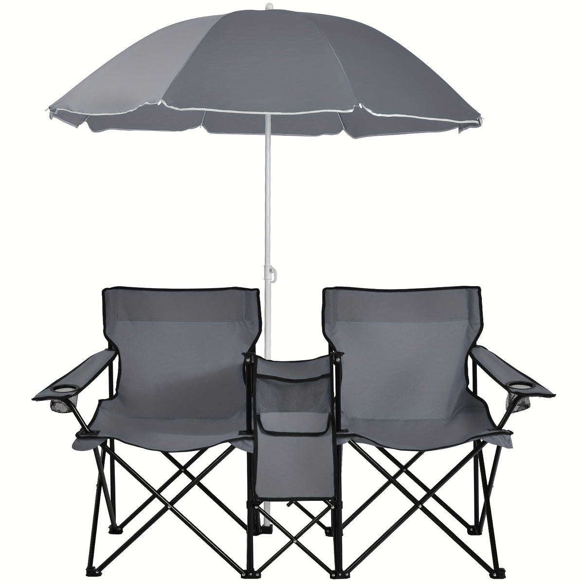 Ensemble de 2 chaises de plage pliantes avec parasol, table et sac isotherme – Chaise de pique-nique compacte et pliable pour la plage, le camping et les sorties en plein air, capacité de 122 kg par siège
