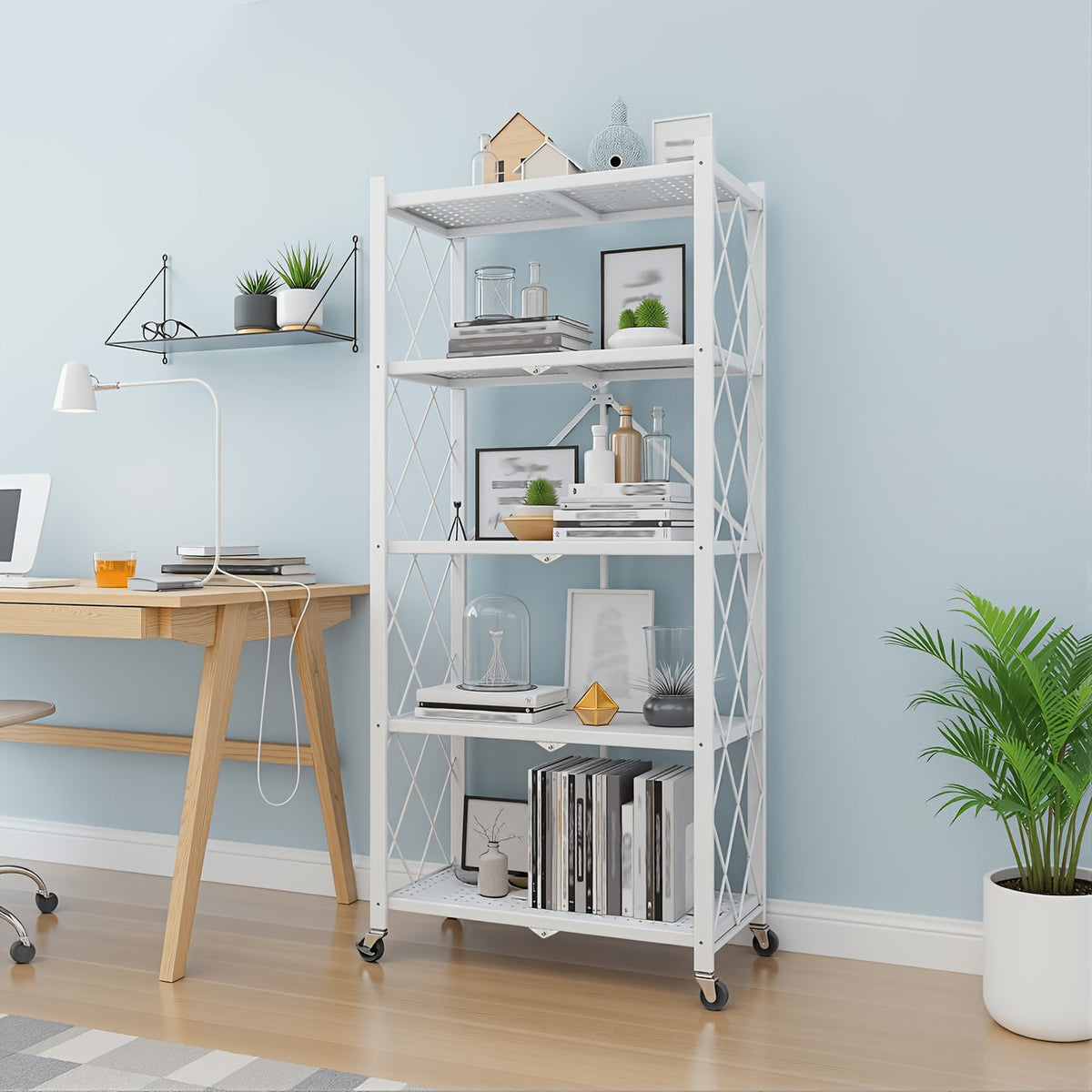 Heavy Duty Folding Storage Rack with Wheels β 3/4/5-Tier Portable Floor-Standing Shelf, No Assembly Required, for Home, Office, Bedroom & Dorm, 4 Colors Available