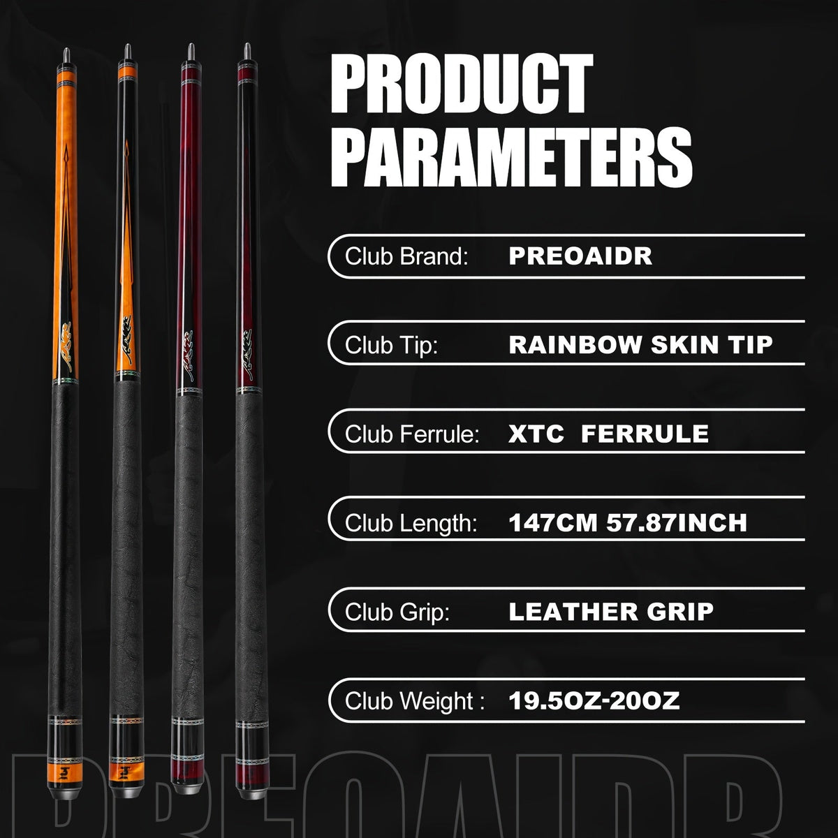 Queue de billard en fibre de carbone PREDAIDR série SP 58" – Queue de billard professionnelle à faible déflexion, procédé 12,5 mm, grip en cuir, joint 3/8x8, 19-20 oz