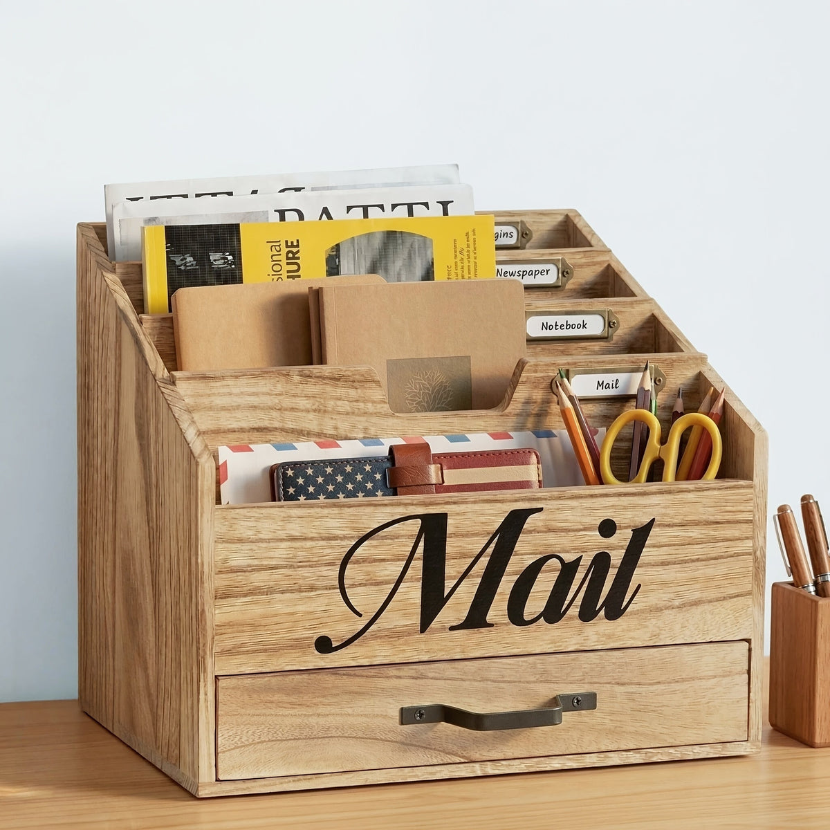 Grand organisateur de courrier de bureau en bois massif avec tiroir, 4 compartiments et séparateurs étiquetables pour dossiers, lettres et papier, organisateur de bureau pour bureau à domicile, étudiants et professionnels