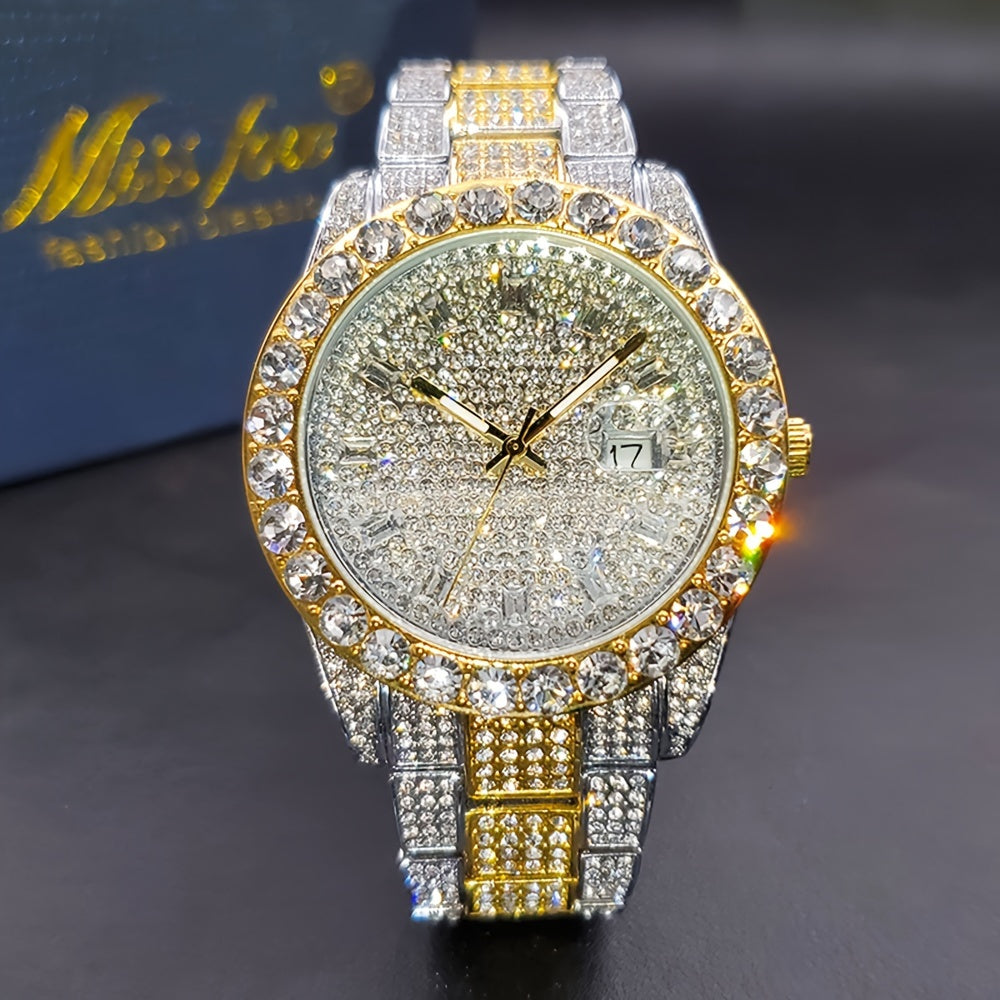 Montre à quartz pour homme avec strass, style classique business, affichage de la date, bracelet en alliage de zinc, argenté et doré, style luxueux, cadeau pour lui