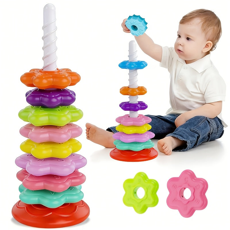Tour à empiler rotative arc-en-ciel pour tout-petits – Jeu d'anneaux à empiler de 10 pièces pour la reconnaissance des couleurs et le développement cognitif | Jouet éducatif STEM multicolore pour enfants de 1 à 3 ans