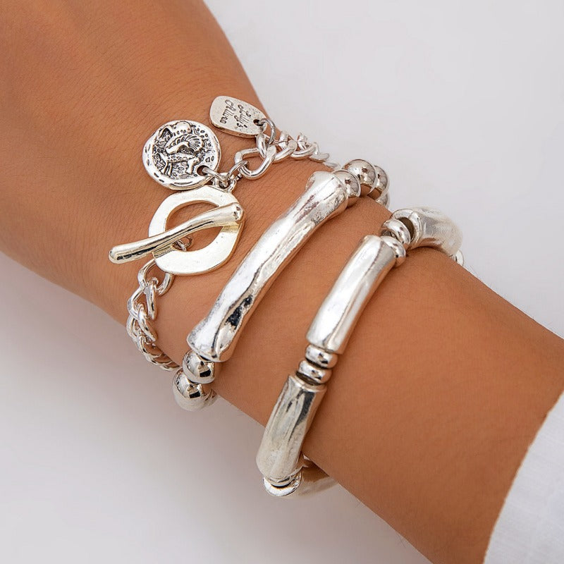 Lot de 3 bracelets joncs épais en argent 925 pour femme – Bracelets statement audacieux, style hip-hop et punk, empilables, plaqué argent, parure superposée pour toutes les occasions