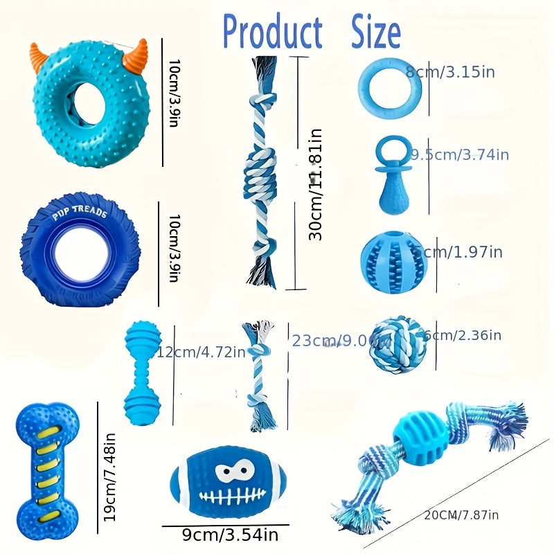 Ensemble de 7 jouets à mâcher pour petit chien, série bleue – Jouets pour animaux durables et résistants, assortiment de jouets grinçants et texturés pour les dents, l'ennui et le jeu interactif, styles aléatoires