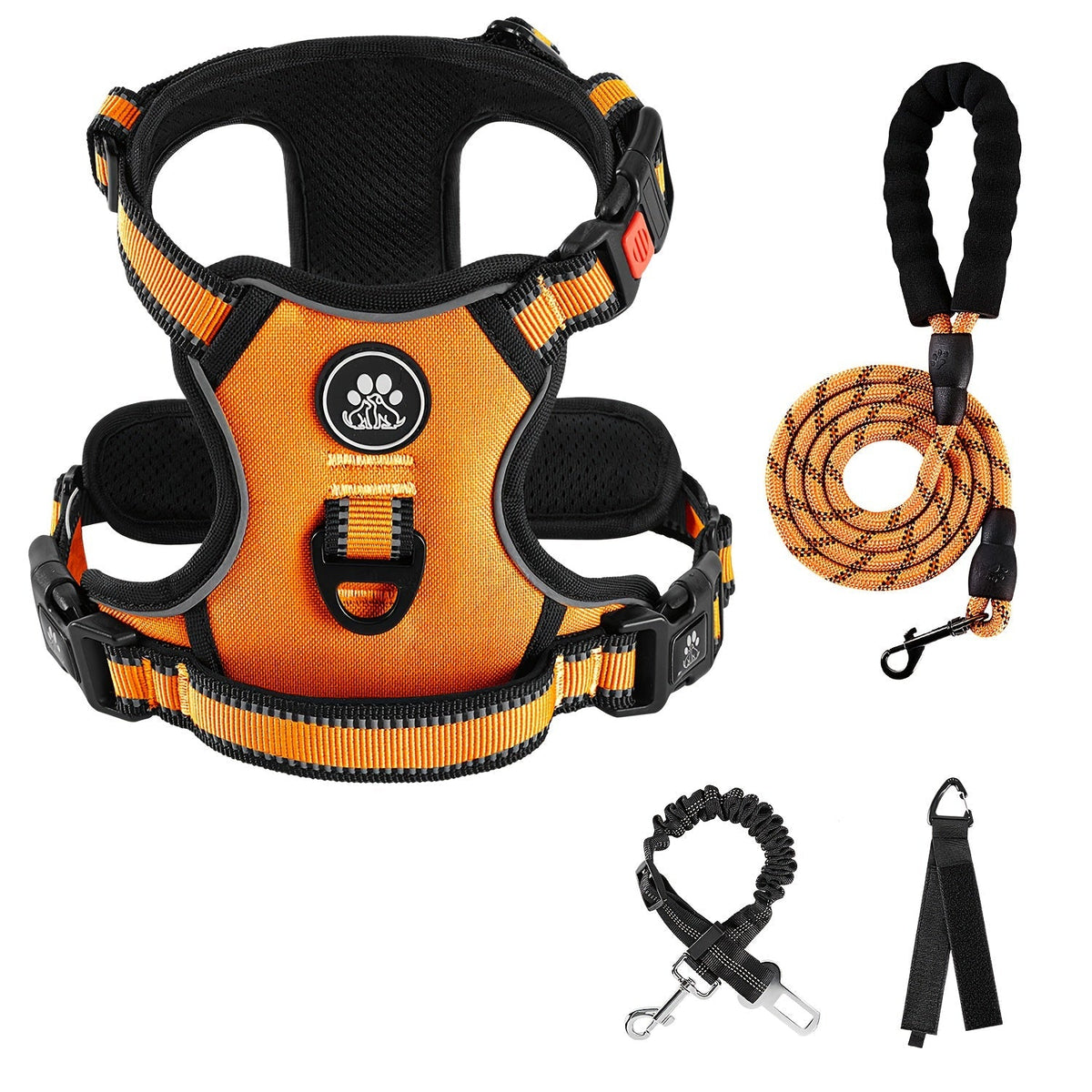 Ensemble harnais anti-traction pour chien avec laisse rétractable, ceinture de sécurité et collier – Harnais gilet entièrement réfléchissant, réglable et respirant avec poignée pour petits et grands chiens, tailles XS–XL