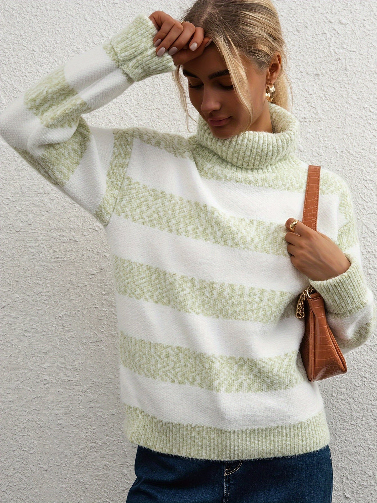 Pull col montant en fausse fourrure de vison pour femme - Pull rayé ample et épais | Haut en tricot, sous-couche ou vêtement d'extérieur chaud pour l'automne et l'hiver