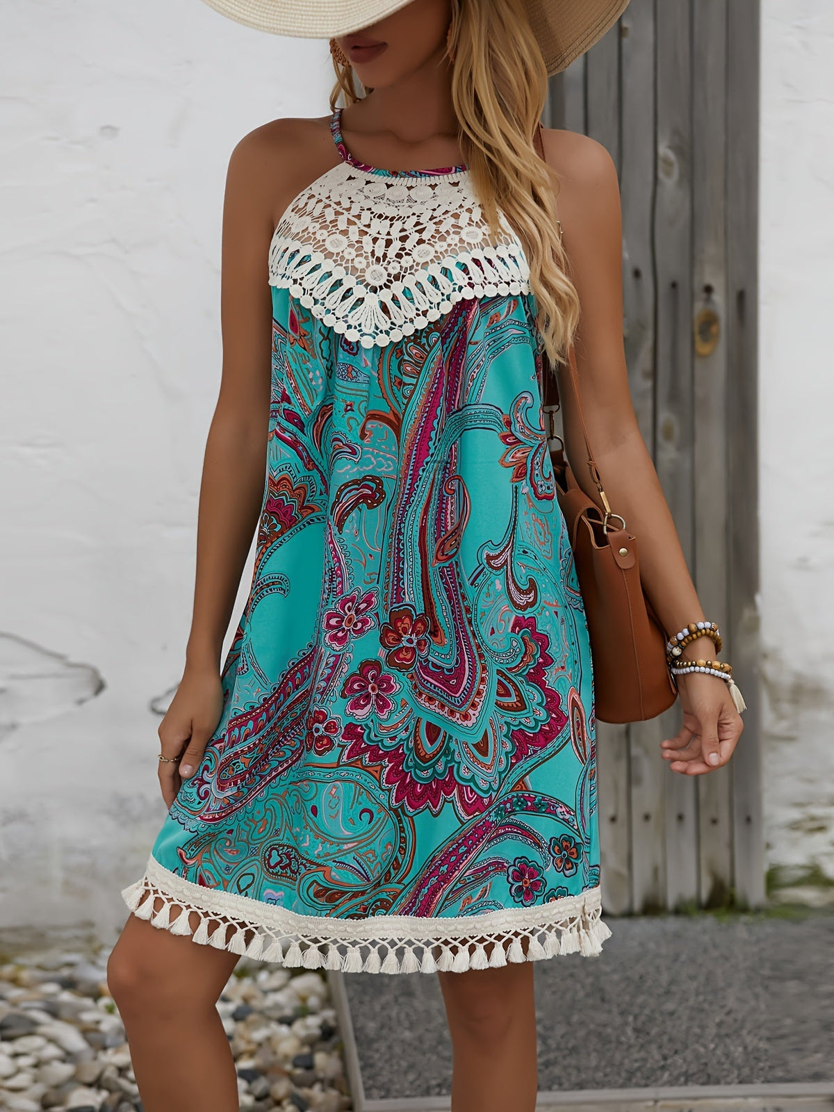 Robe midi pour femme à épaules dénudées, motif cachemire et empiècements en dentelle – Robe d'été à fines bretelles et dos noué pour les vacances, la plage, les voyages et le quotidien