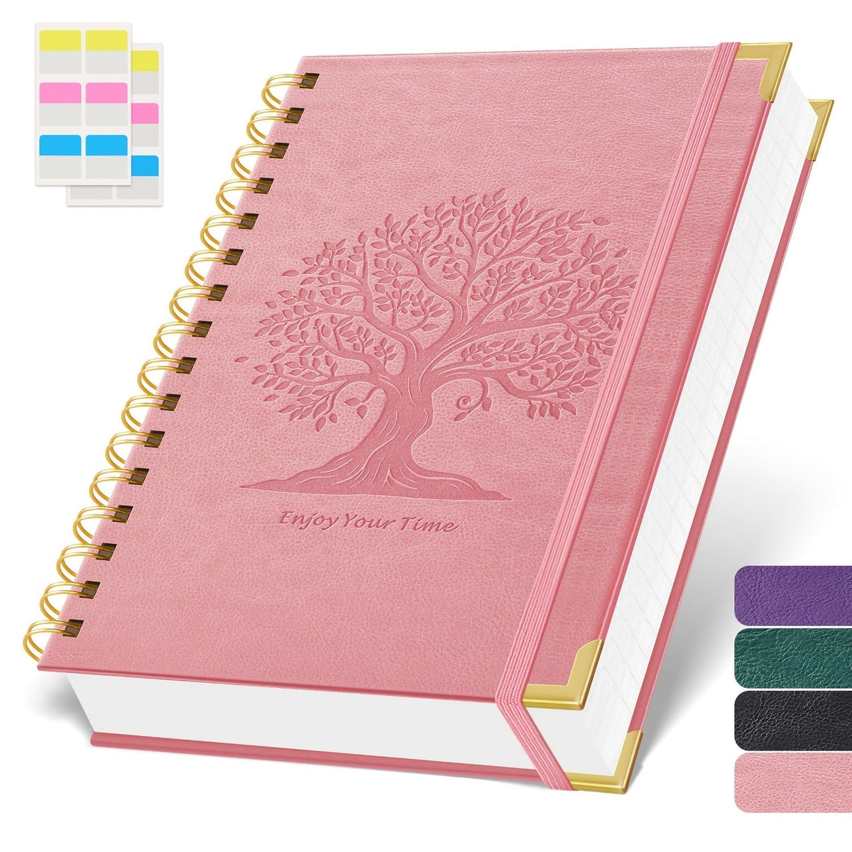 Cahier à spirales format A5 à couverture rigide, 300 pages – Papier épais 100 g/m² anti-transparence, carnet à couverture en cuir pour l'université, le travail et l'écriture – Pour hommes et femmes (Rose, Noir, Vert, Violet)