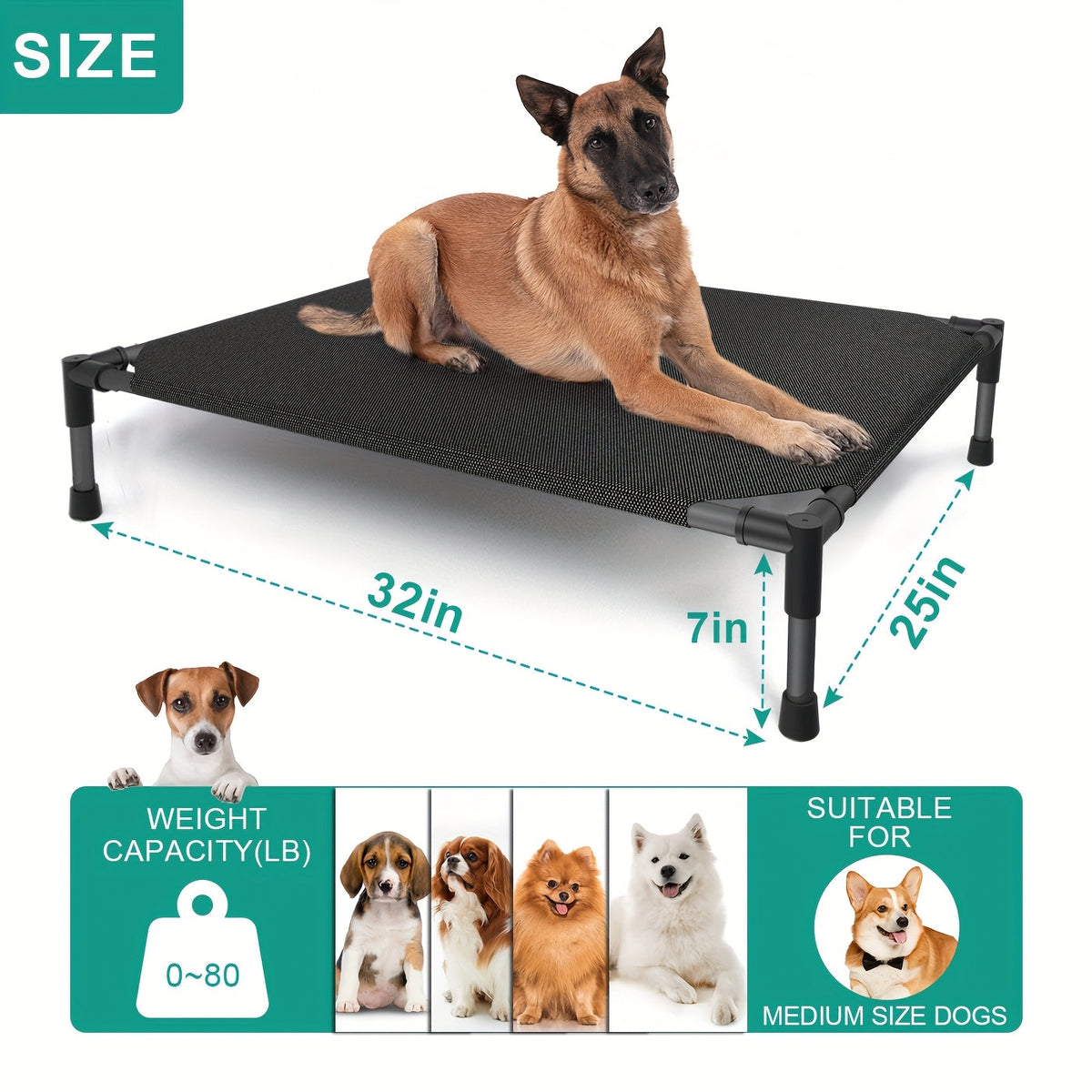 Lit surélevé rafraîchissant pour chien et panier extérieur - Lit pour animal de compagnie avec filet respirant lavable, montage sans outil, pieds antidérapants pour chiens de grande, moyenne et petite taille, usage intérieur et extérieur