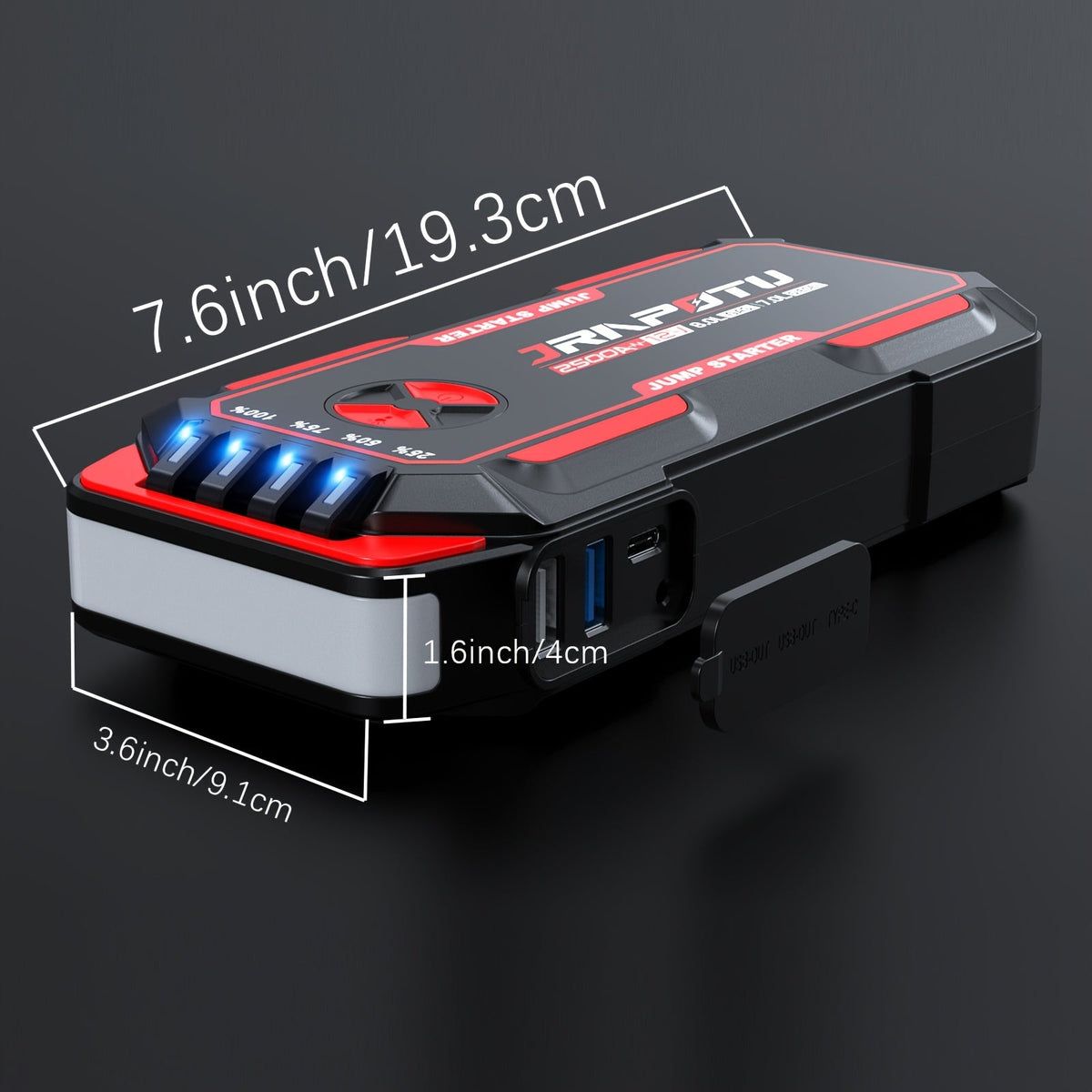 Démarreur de voiture portable 2500A crête | Booster de batterie 12V 8000mAh-10000mAh, jusqu'à 30 démarrages, ports de charge USB et lampe de poche LED – Convient aux moteurs essence 7.0L et diesel 8.0L, camions, SUV, motos