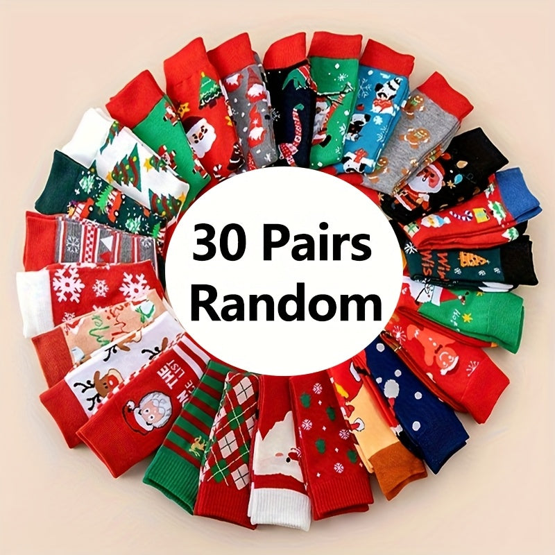 Chaussettes de Noël, 30 paires, motifs de fête amusants : rennes, Père Noël, flocons de neige, pain d'épices, sapin de Noël, chaussettes chaudes à motifs – Coffret cadeau unisexe pour hommes et femmes