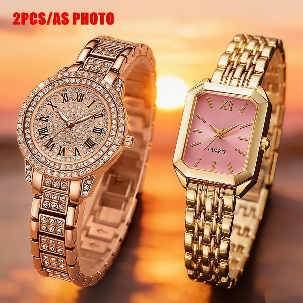 Ensemble de 2 montres pour femmes, montre-bracelet à quartz dorée – Élégante montre analogique pour femme, cadeau décontracté et stylé pour femme, tons or rose et argent