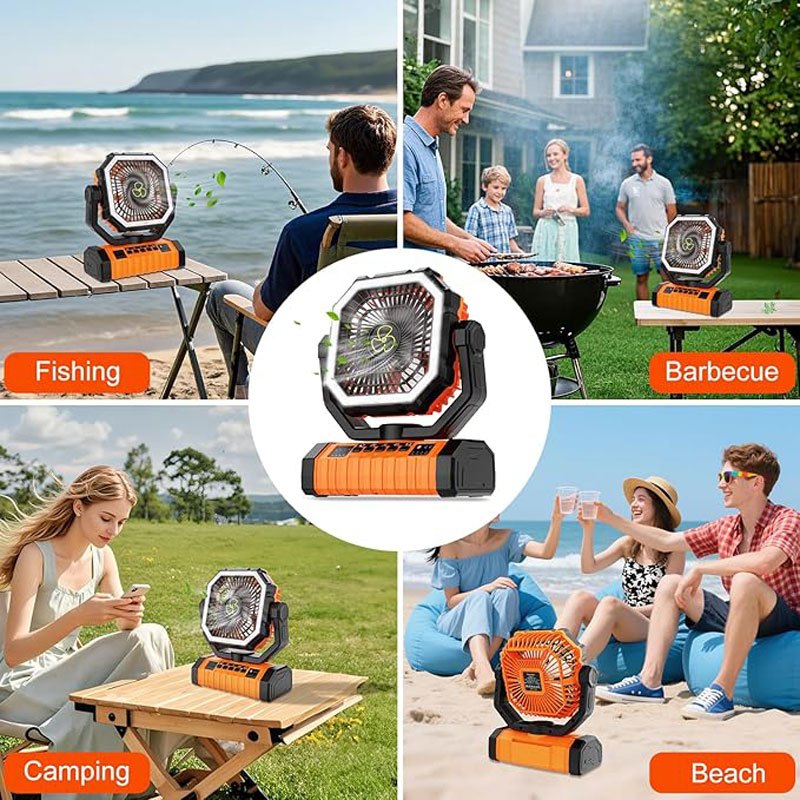 Ventilateur de camping 20000 mAh avec lanterne LED, rechargeable, oscillant, 4 vitesses et minuterie - Ventilateur de tente portable pour le camping, les véhicules récréatifs, les chantiers et les pannes de courant