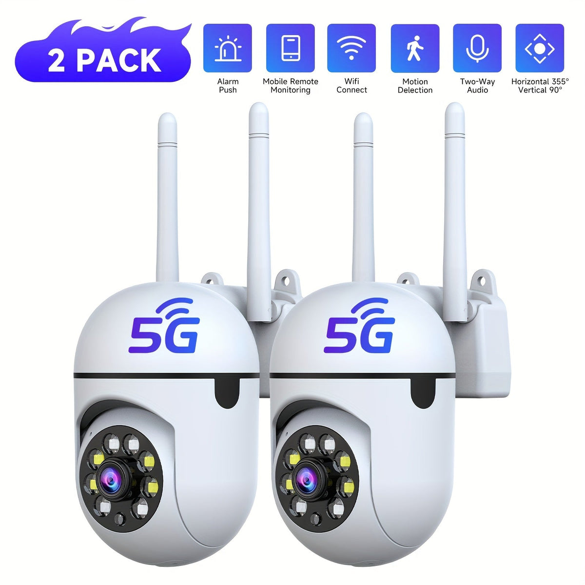 Lot de 2 caméras de sécurité WiFi 2K QHD PTZ panoramique 355° – Double bande 2,4 G/5 G, détection de mouvement par IA, vision nocturne couleur, audio bidirectionnel, stockage cloud et carte SD, babyphone, caméra de surveillance intérieure