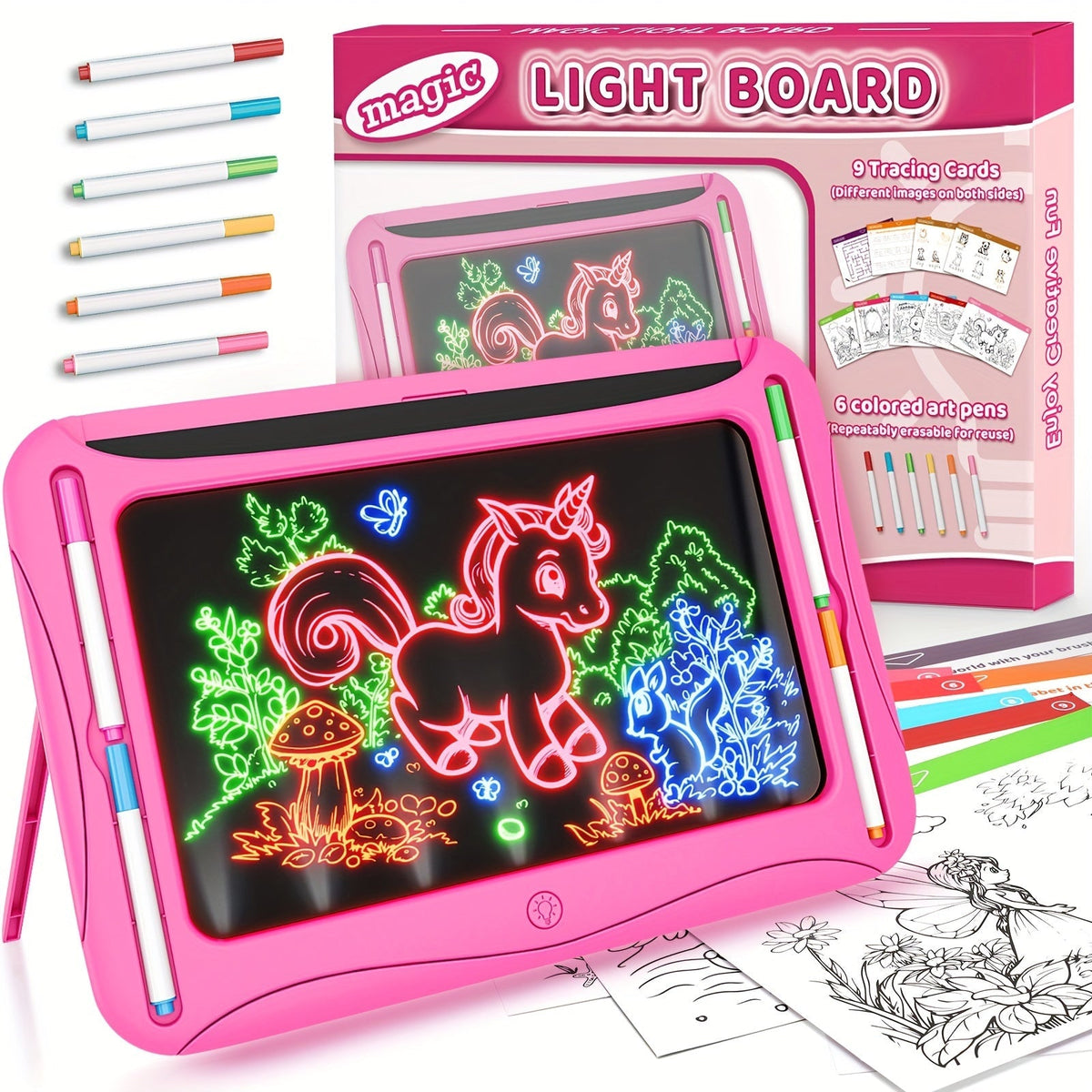 Tablette à dessin lumineuse LED pour enfants de 3 à 8 ans – Kit d’art phosphorescent avec 9 cartes recto-verso et 6 marqueurs, jouet éducatif de voyage, cadeau d'anniversaire et de Noël pour filles et garçons