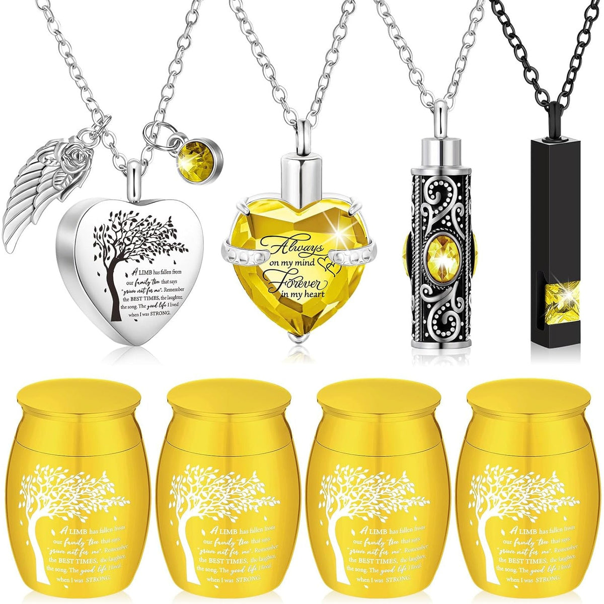 Lot de 8 petites urnes funéraires pour cendres – Ensemble de souvenirs en alliage avec pendentif médaillon en forme de cœur « Arbre de vie » pour hommes et femmes, cadeau commémoratif pour inhumation et crémation, 8 couleurs
