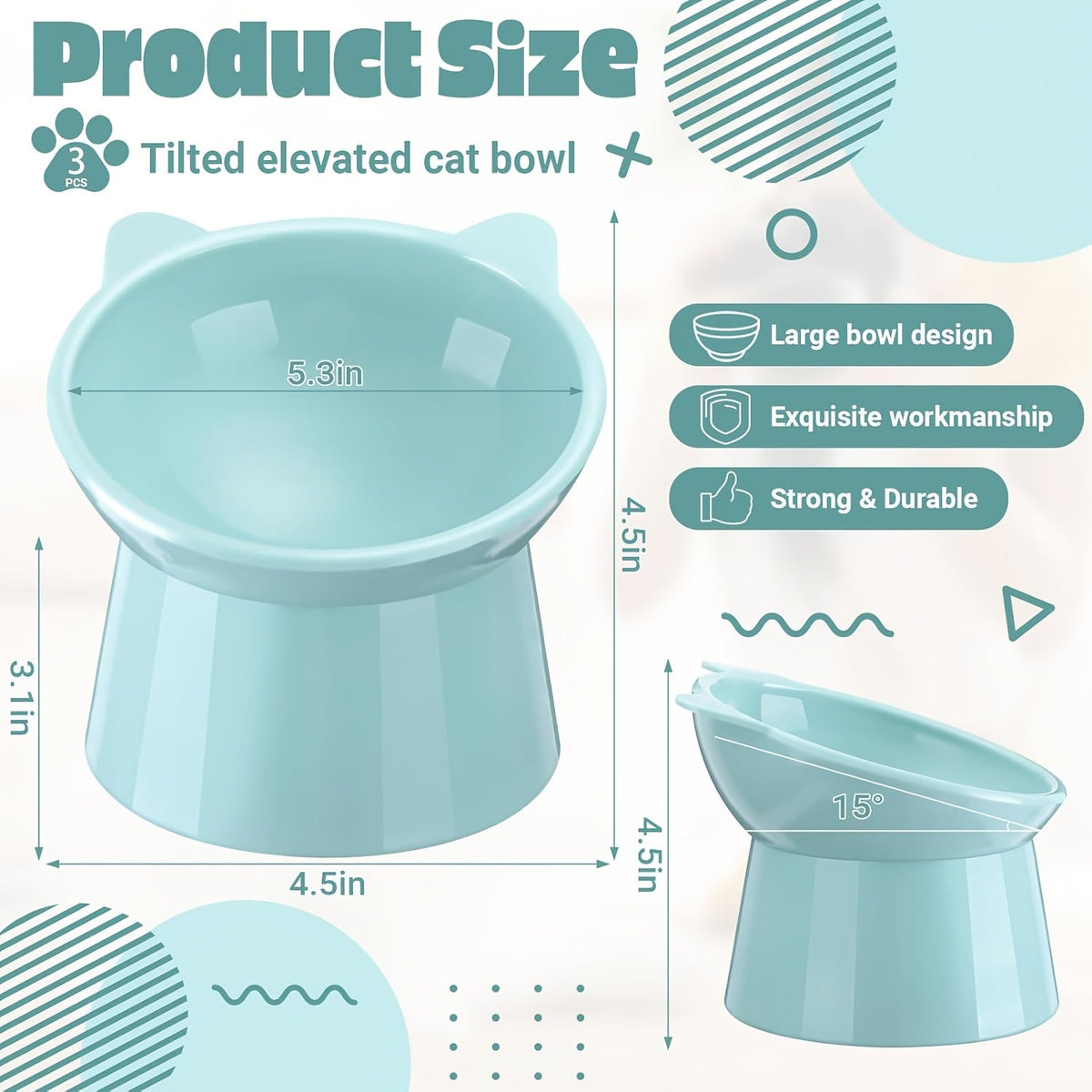 Ensemble de 3 gamelles surélevées pour chat en forme d'oreilles de chat, support antidérapant, design ergonomique pour le cou, écuelle pour animaux tricolore (rose, vert, bleu), idéal pour foyer à plusieurs chats