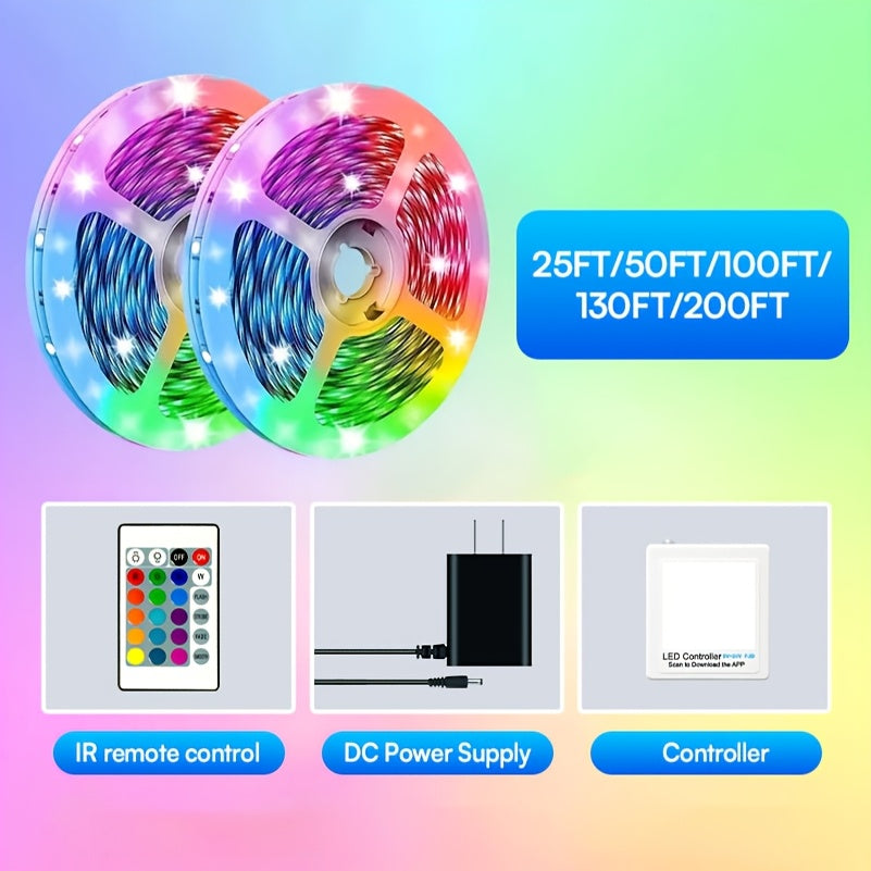 Ruban LED RVB avec télécommande via application, synchronisation musicale, intensité réglable, changement de couleur et minuterie – Éclairage LED intelligent pour la décoration de chambre, salon et salle de jeux, de 5 m à 60 m