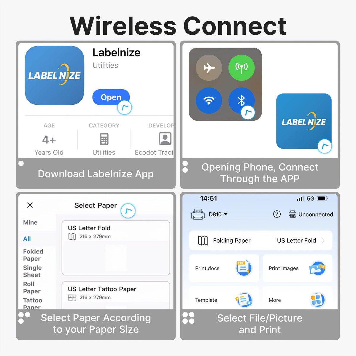 Imprimante thermique portable sans encre sans fil – D810B A4 & US Letter 8,5x11, 200 feuilles par charge, compatible iPhone, Android & ordinateur portable, pour bureau à domicile, école & voyage, inclut 20 feuilles