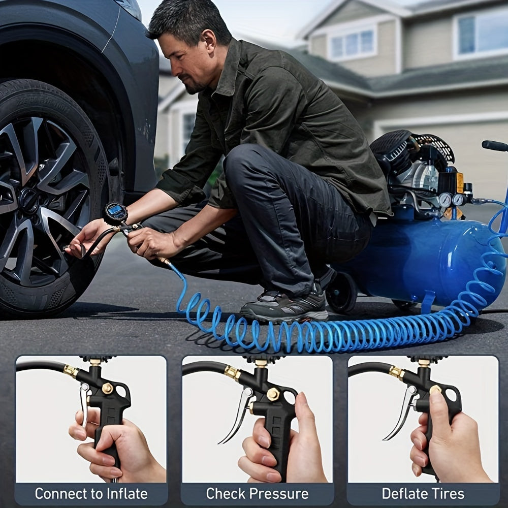 Gonfleur de pneu numérique avec manomètre – 200 PSI, écran LCD rétroéclairé, 4 unités (PSI/BAR/KPA/KGF), mandrin en laiton, 3 connecteurs, pour voiture, camion, moto et vélo | Velora