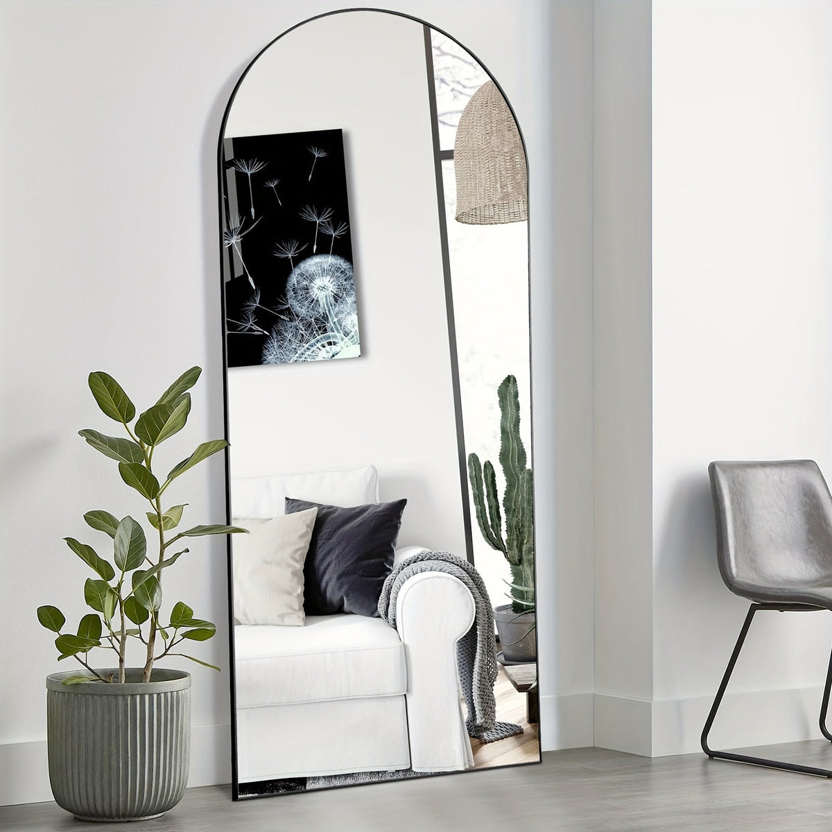 Miroir pleine longueur arqué avec support 64x21 / 59x16 pouces, miroir de sol en verre nano incassable avec cadre en alliage d'aluminium, miroir pleine longueur sur pied pour chambre, salon, vestiaire, décoration murale