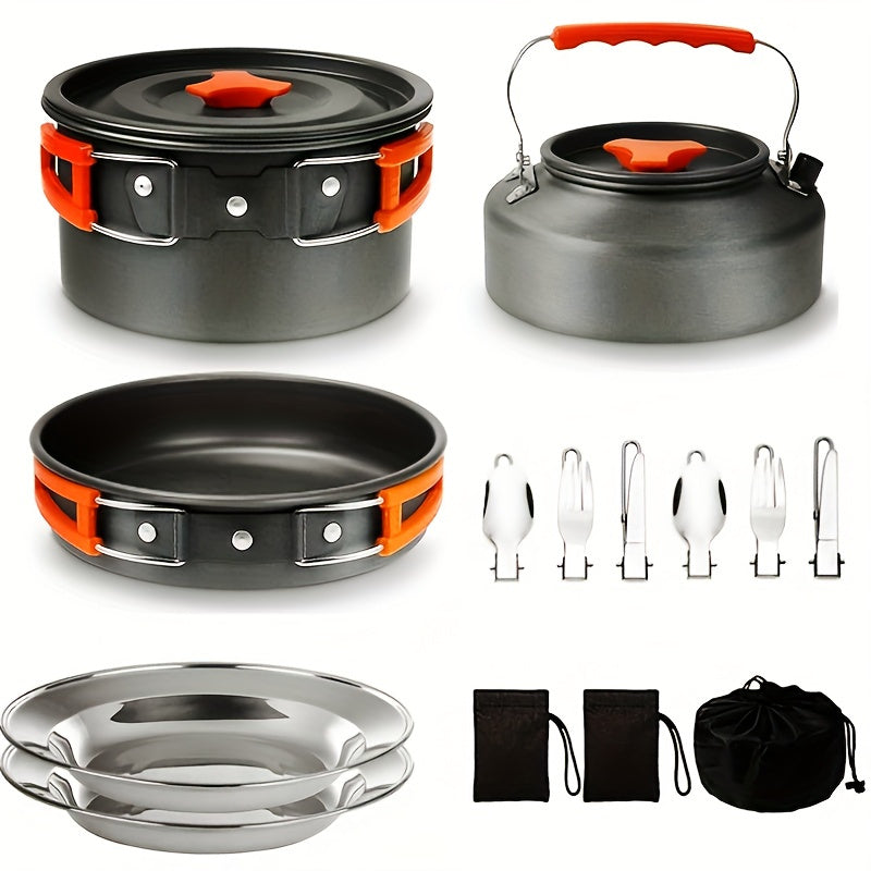 Set de cuisine de camping portable pour 2-3 personnes – Casserole antiadhésive, poêle et bouilloire avec rangement pliable, kit de cuisine d'extérieur léger pour la randonnée, le trekking et les voyages