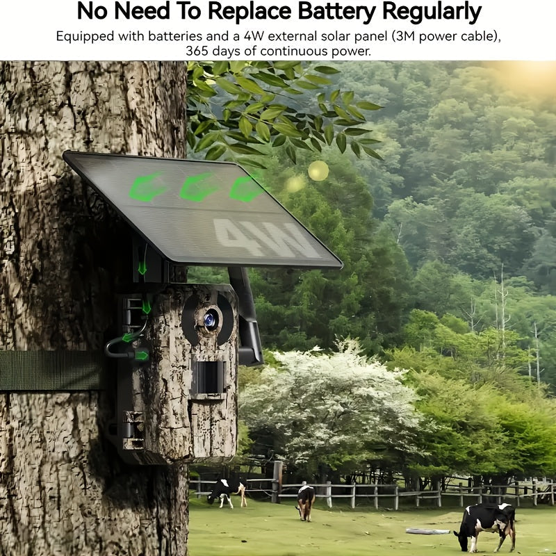Caméra de chasse 4G sans Wi-Fi 2K 1440P à énergie solaire – Carte SIM intégrée, vision nocturne 23 m, déclenchement 0,2 s, batterie 7800 mAh, caméra de surveillance et de chasse extérieure sans fil pour zones isolées
