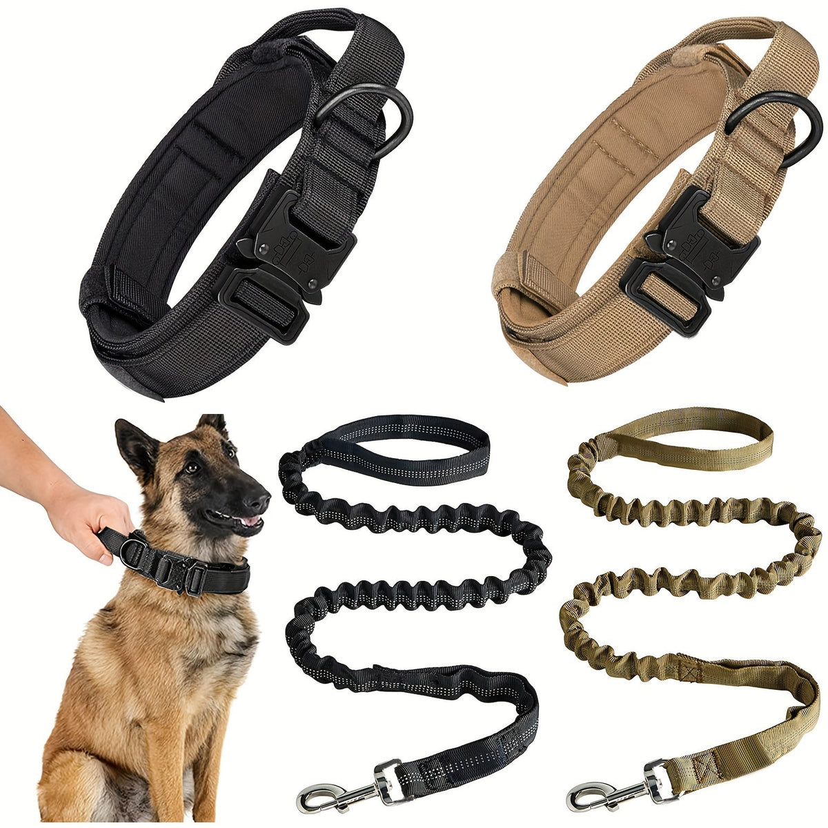 Ensemble collier et laisse tactiques pour chien – Polyester robuste et réglable avec boucle et anneau en D en métal pour toutes les tailles de chiens, collier et laisse d'entraînement de style militaire en noir et kaki, tailles M et L