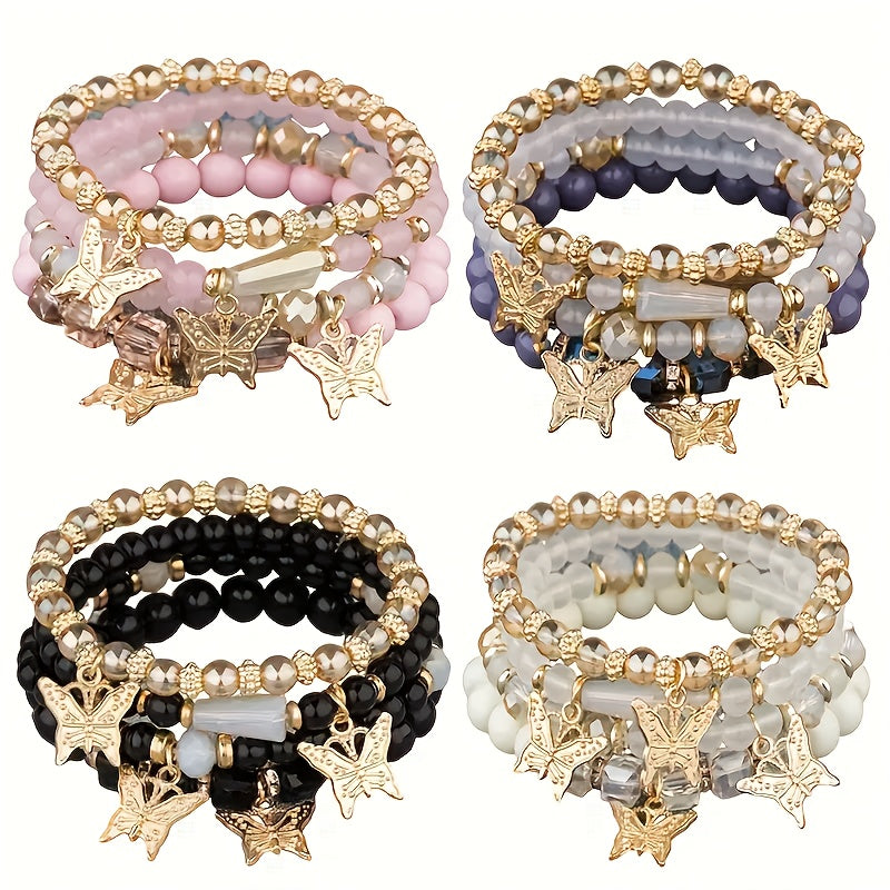 Ensemble de bracelets bohèmes à perles papillon pour femmes – Bracelets élastiques étincelants superposables à breloques, lot de 4, 8 et 16 pièces, cadeau idéal pour femmes élégantes