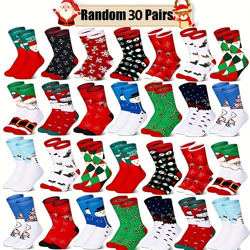 Chaussettes de Noël, 30 paires, motifs de fête amusants : rennes, Père Noël, flocons de neige, pain d'épices, sapin de Noël, chaussettes chaudes à motifs – Coffret cadeau unisexe pour hommes et femmes