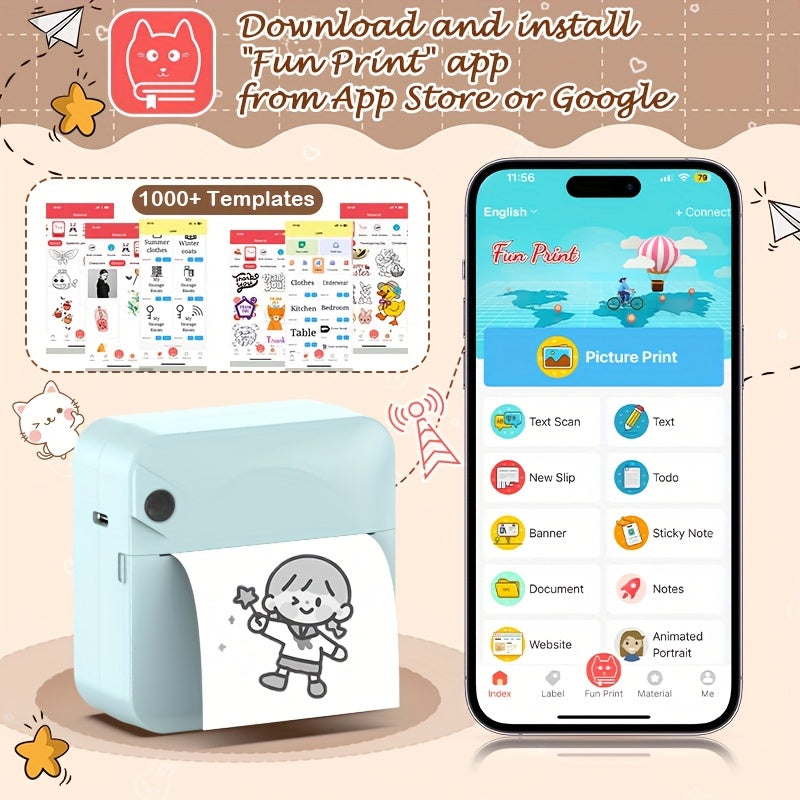 Mini imprimante thermique sans fil pour étiquettes – Imprimante de poche Bluetooth portable sans encre pour photos, journaux, notes et mémos, inclut 1 rouleau de papier thermique, imprimante intelligente de reçus et d'étiquettes