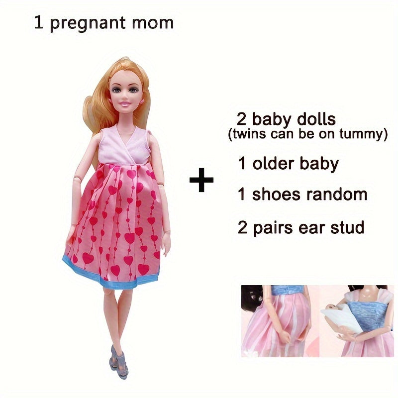 Poupée mannequin enceinte de 30 cm avec articulations mobiles, maman poupée avec 2 bébés, poupée aînée, boucles d'oreilles, chaussures, robe moderne, poupée princesse, jouet éducatif pour filles de 3 ans et plus