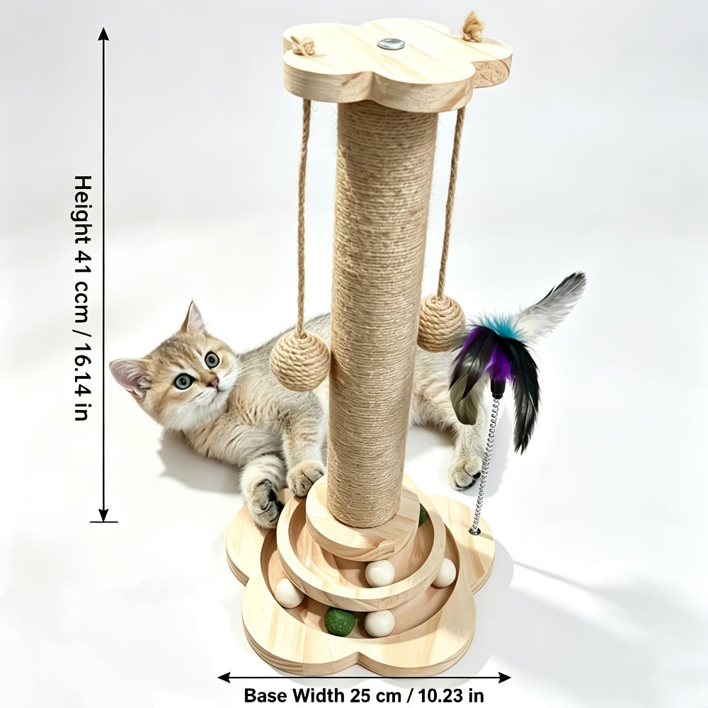 Arbre à chat multi-niveaux en sisal de qualité supérieure avec 6 balles jouets en bois, 2 balles suspendues et 2 plumeaux, base antidérapante, arbre à chat interactif pour chats d'intérieur et chatons