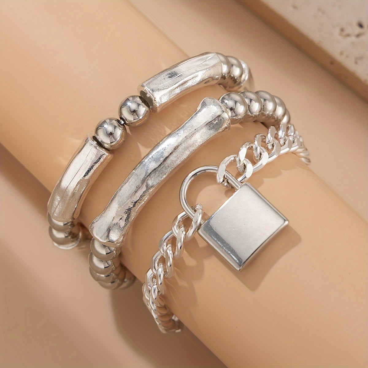 Lot de 3 bracelets punk en argent sterling 925 à perles avec pendentif cadenas – Bijou de poignet audacieux et empilable en argent pour femmes, hommes et ados, cadeau idéal pour les fêtes, festivals et au quotidien