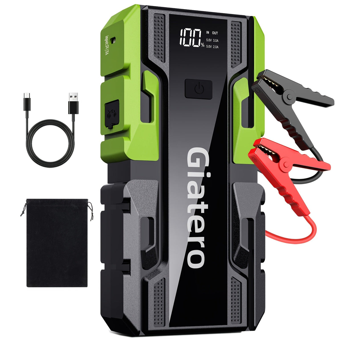 Démarreur de voiture portable 12 V avec compresseur d'air intégré – Booster de batterie d'urgence pour moteurs essence (14 L) et diesel (12 L), camions et voitures, alimentation de secours pour démarrage