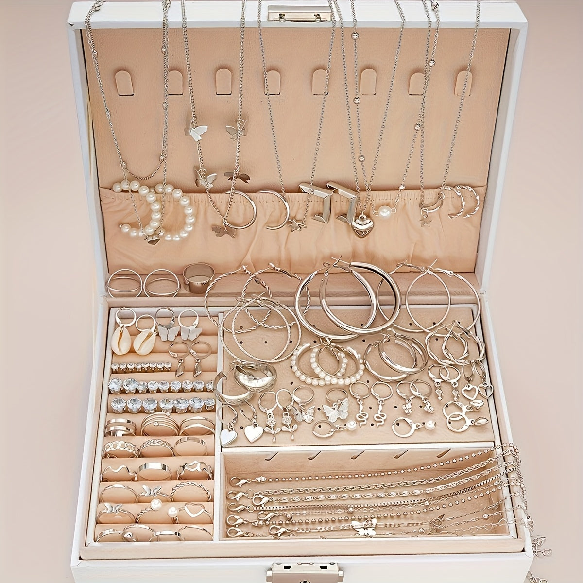 Ensemble de bijoux pour femme 108 pièces, collier, bracelet, bracelet de cheville, bague et boucles d'oreilles vintage avec papillon, cœur et strass, chaînes multicouches, bijoux fantaisie argentés, cadeau pour elle