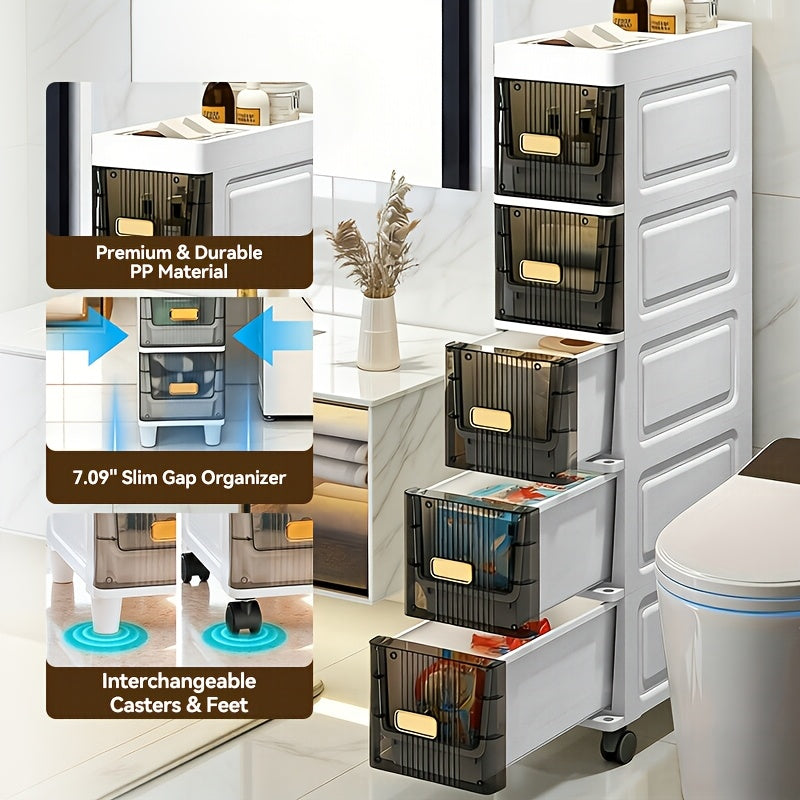 Meuble de rangement fin à roulettes avec tiroirs, organisateur en PP imperméable à 3, 4, 5 ou 6 niveaux pour salle de bain, cuisine, chambre, petits espaces – Tour de rangement étroite