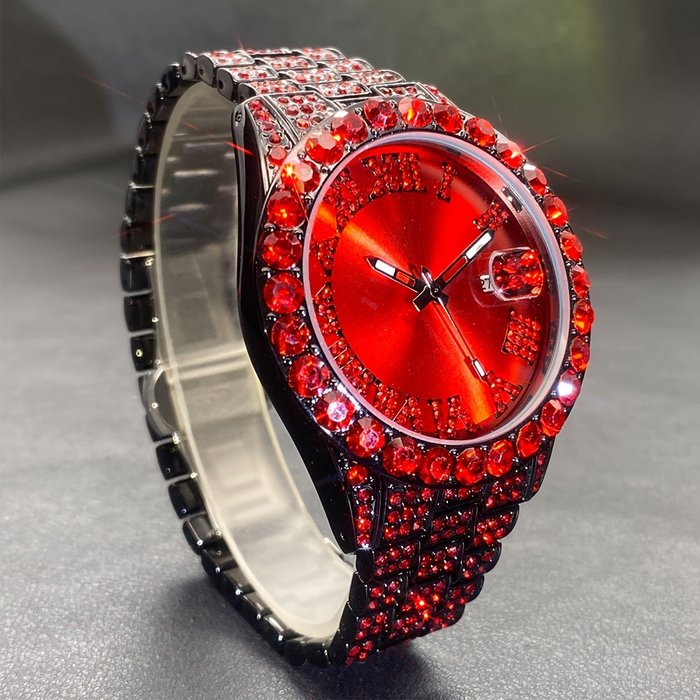 Ensemble de montres pour couples avec strass, mouvement à quartz de luxe, calendrier, affichage lumineux pour hommes et femmes, montre cadeau de mode pour fête avec strass rouges et bleu glacier