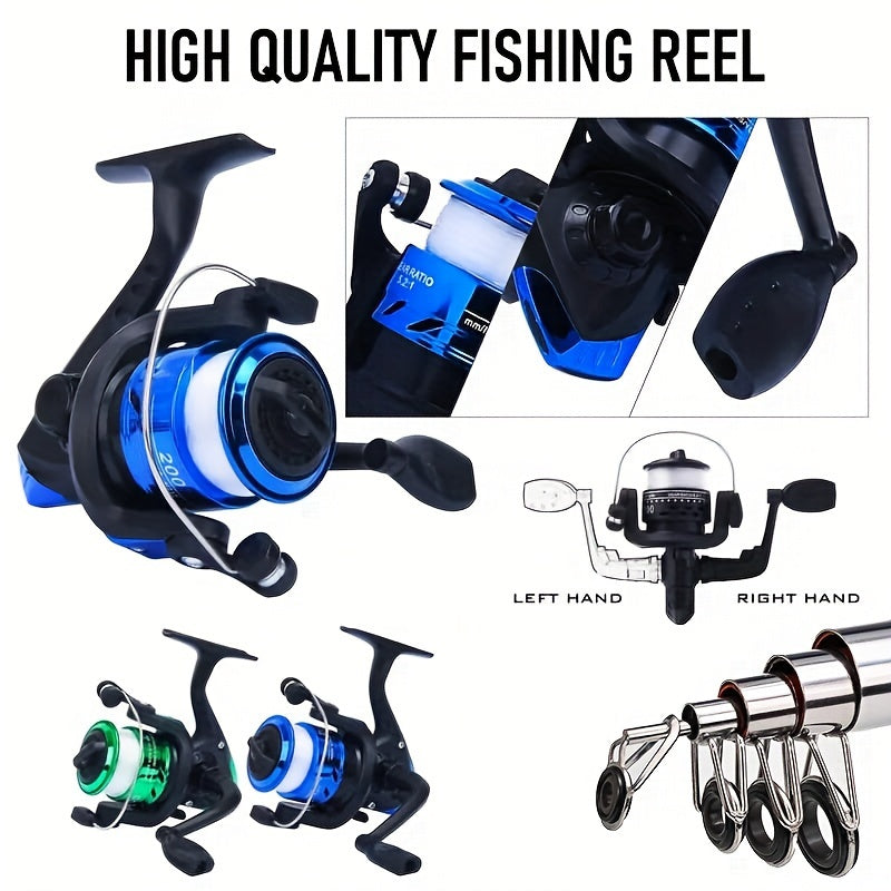 Kit de pêche complet avec canne, moulinet, ligne, leurres souples et hameçons, action rapide, ambidextre, pour pêche en eau douce et en mer - Cadeau idéal pour pêcheur débutant en plein air, Bleu Vert