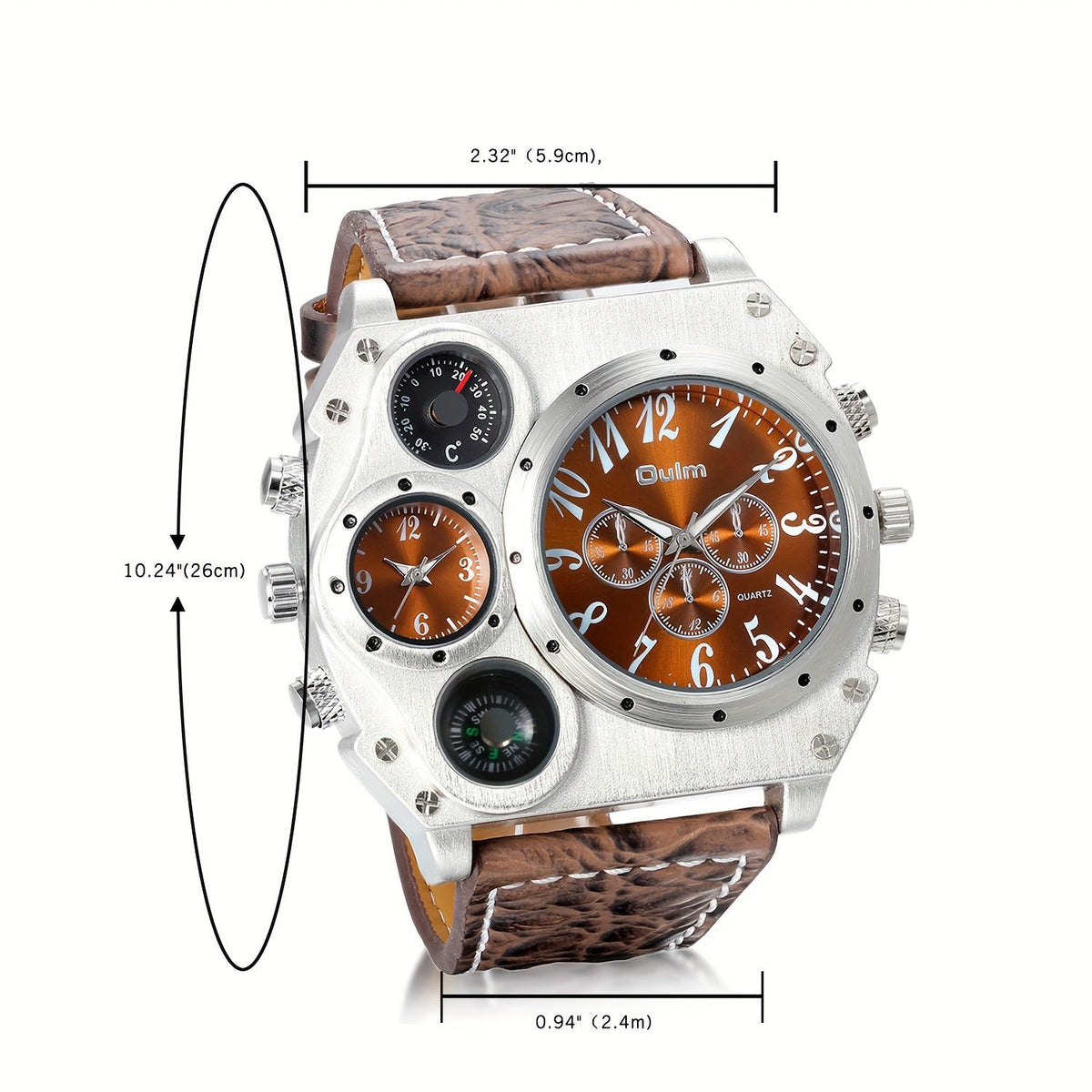 Montre à quartz pour homme à double fuseau horaire et grand cadran – Bracelet en similicuir, aiguilles lumineuses, boîtier en acier inoxydable, montre-bracelet sport décontractée pour homme, cadeau idéal