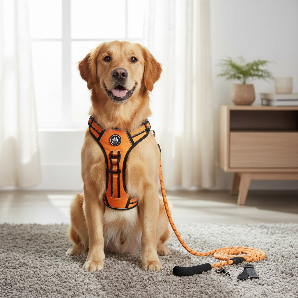 Ensemble harnais anti-traction pour chien avec laisse rétractable, ceinture de sécurité et collier – Harnais gilet entièrement réfléchissant, réglable et respirant avec poignée pour petits et grands chiens, tailles XS–XL