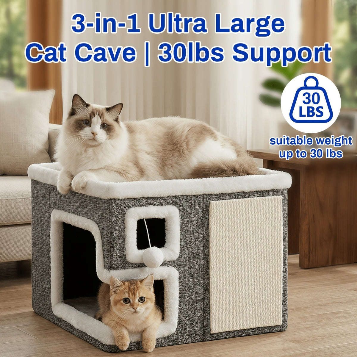 Maison pour chat 3-en-1 d'intérieur – Ottoman luxueux en bois pour dormir, jouer et faire ses griffes, cube refuge pour chats, adapté aux foyers multi-chats, gris clair, taille standard et grande