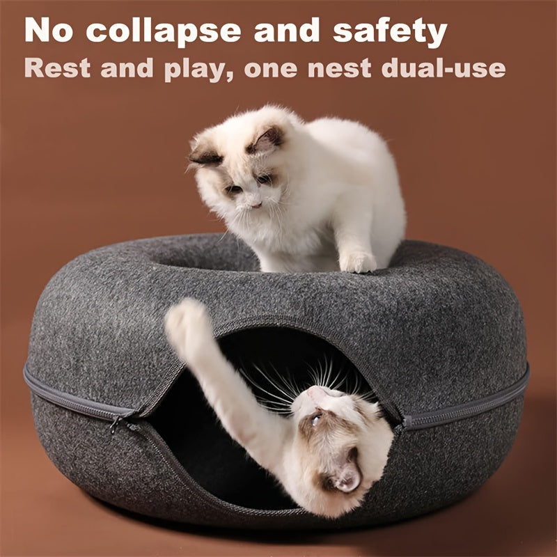 Lit tunnel pour chat, cachette d'intérieur - Tunnel pour chat en forme de beignet, pliable et utilisable en toute saison, avec ouverture pour chats d'intérieur, peluche douce, gris foncé et gris clair, disponible en 50 et 60 cm, cadeau idéal pour chat