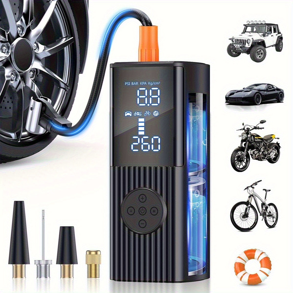 Gonfleur de pneu portable 210 PSI sans fil avec manomètre numérique, batterie rechargeable et lampe LED – Pompe à air sans fil pour voiture, moto, vélo et ballons de sport – Velora