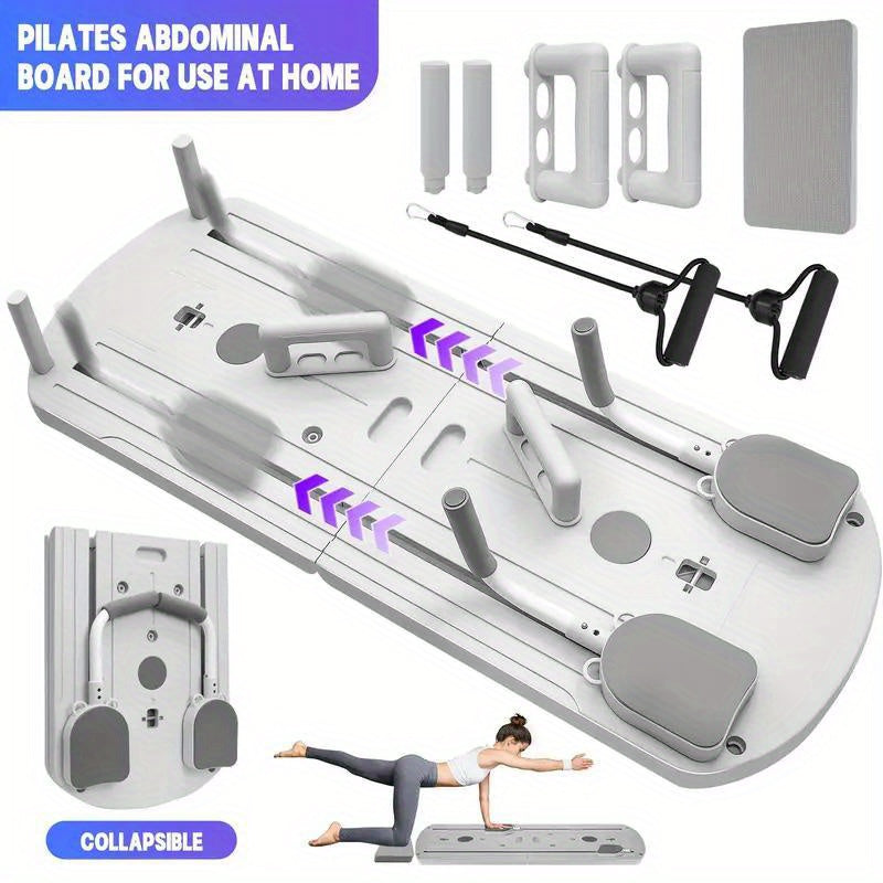 Planche de Pilates pliable 8-en-1 avec bandes de résistance – Appareil d'entraînement abdominal multifonction, matériau PP anti-déformation, design plat stable, rangement compact, équipement de gym à domicile pour hommes et femmes