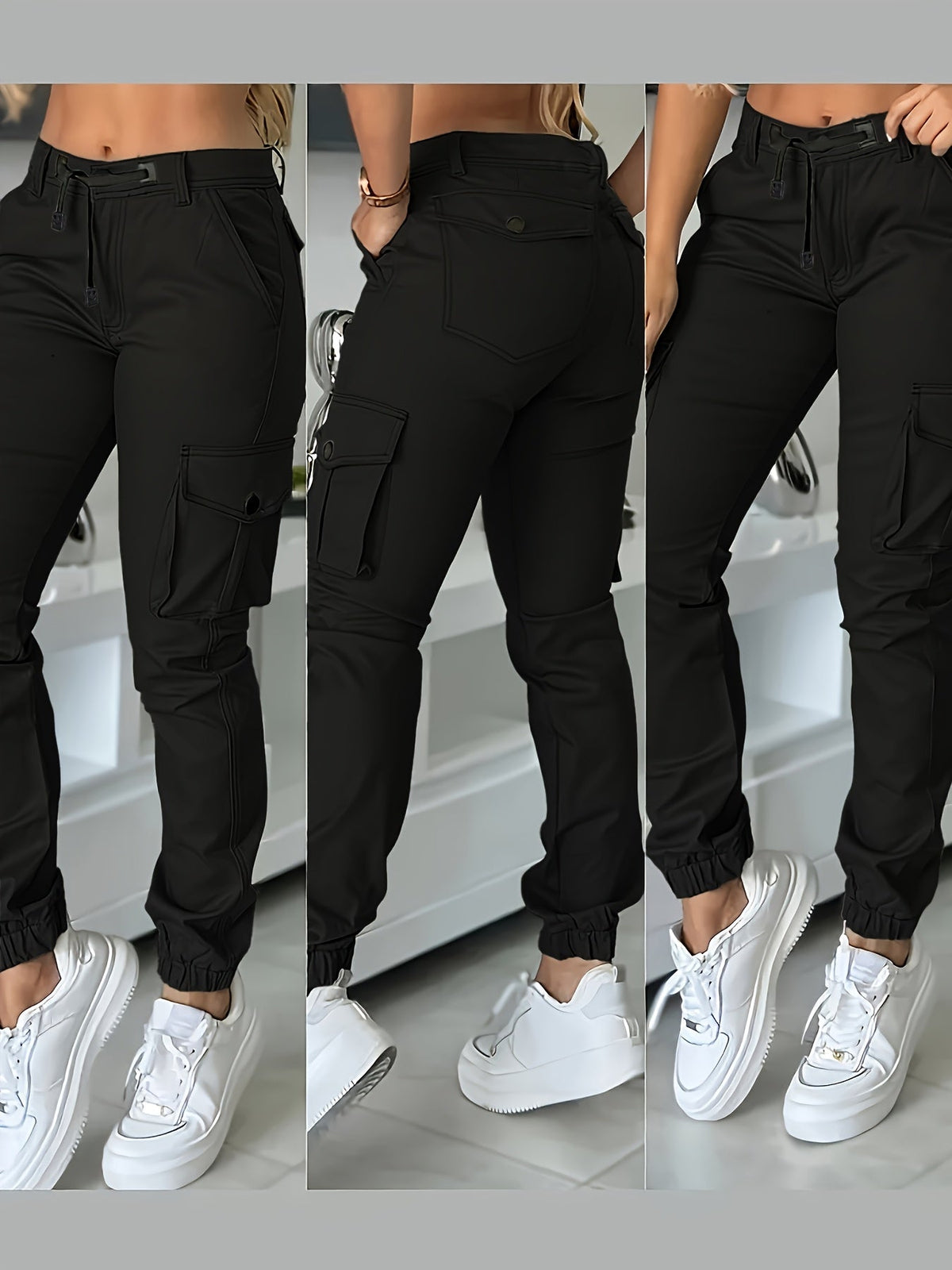 Pantalon cargo jogger taille haute pour femme, coupe ajustée, poches et cordon de serrage, pantalon décontracté cheville, printemps automne, noir kaki gris, XS-XL