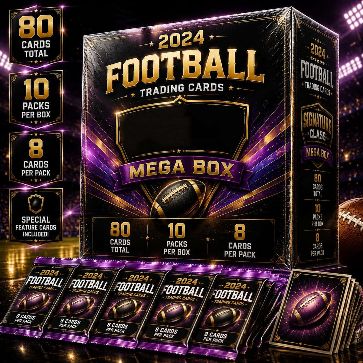 Mega Box de cartes de collection de football américain Topps 2024 – 80 cartes sous scellé d'usine, lot de 10 paquets (8 cartes chacun), cartes spéciales incluses – Parfait pour les collectionneurs, les « card breaks » et les échanges