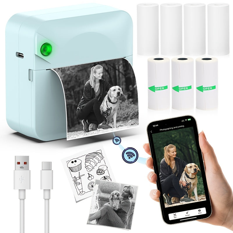 Mini imprimante thermique sans fil pour étiquettes – Imprimante de poche Bluetooth portable sans encre pour photos, journaux, notes et mémos, inclut 1 rouleau de papier thermique, imprimante intelligente de reçus et d'étiquettes