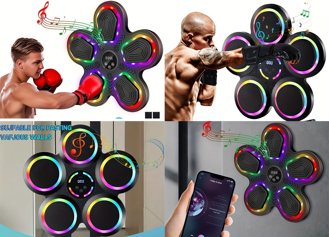 Machine de boxe musicale intelligente avec gants – Montage mural, éclairage rythmique LED, Bluetooth, 9 modes de vitesse, compteur de coups LED intelligent, cadeau de fitness pour salle de sport à domicile pour adultes et adolescents
