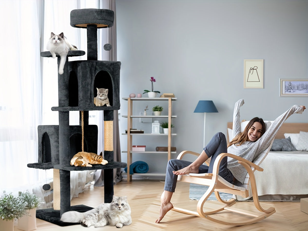 Arbre à chat multi-niveaux de 150 cm pour chats d'intérieur – Grand arbre à chat avec zone de repos en peluche, poteau à griffer en sisal et jouet à balle suspendue – Idéal pour chambre, salon et foyers multi-chats – Velora